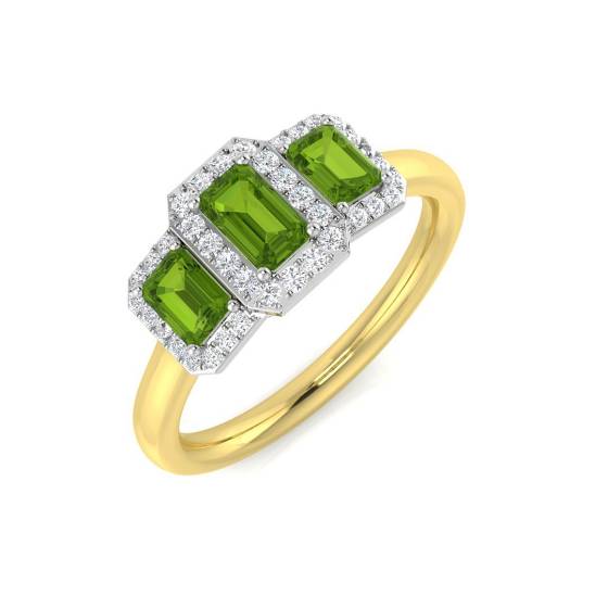 Emerald Shape Peridot and Round Diamond Halo Trilogy Ring