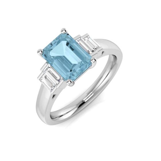 Emerald Aquamarine and Baguette Diamond Side Stone Ring