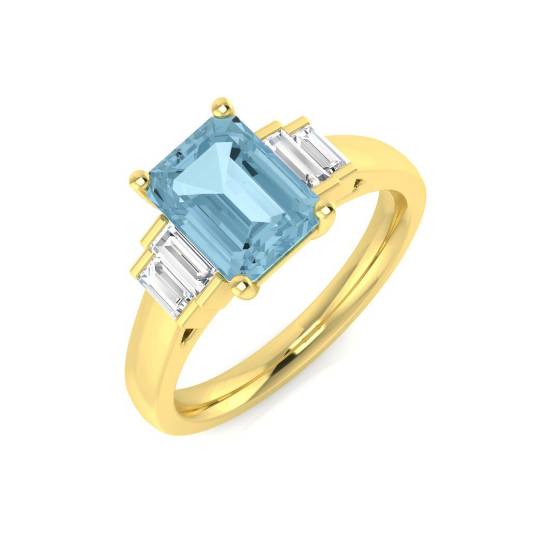 Emerald Aquamarine and Baguette Diamond Side Stone Ring