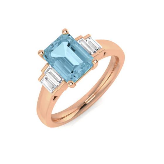 Emerald Aquamarine and Baguette Diamond Side Stone Ring