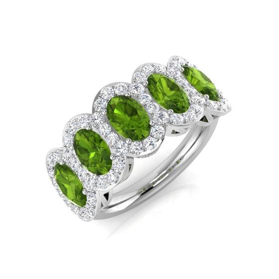 Oval Peridot and Round Diamond Halo 5 Stone Ring