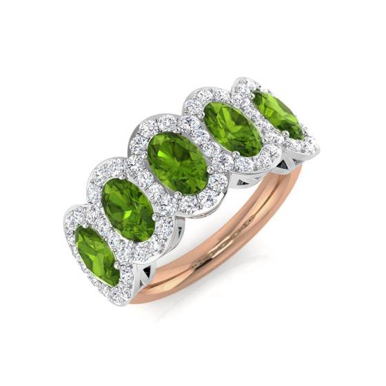 Oval Peridot and Round Diamond Halo 5 Stone Ring