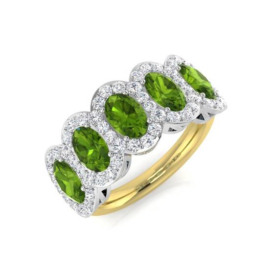 Oval Peridot and Round Diamond Halo 5 Stone Ring