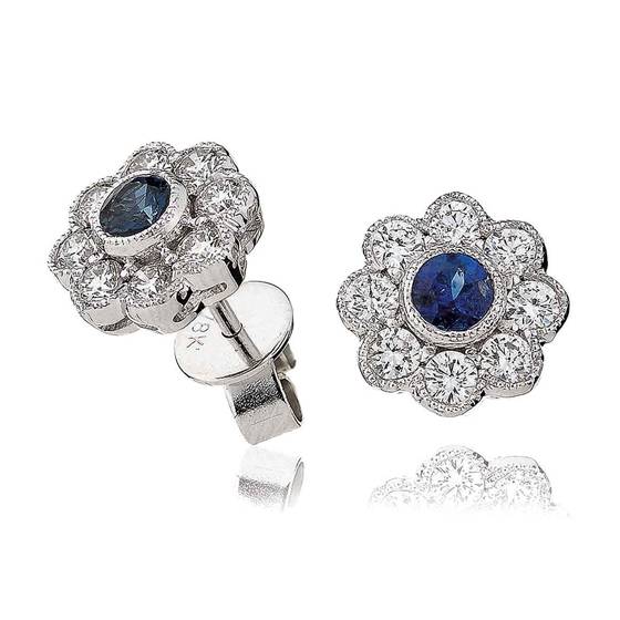 Round Blue Sapphire and Diamond Cluster Earrings