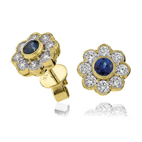 Round Blue Sapphire and Diamond Cluster Earrings