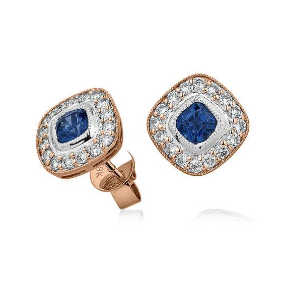 Cushion Blue Sapphire and Diamond Cluster Earrings