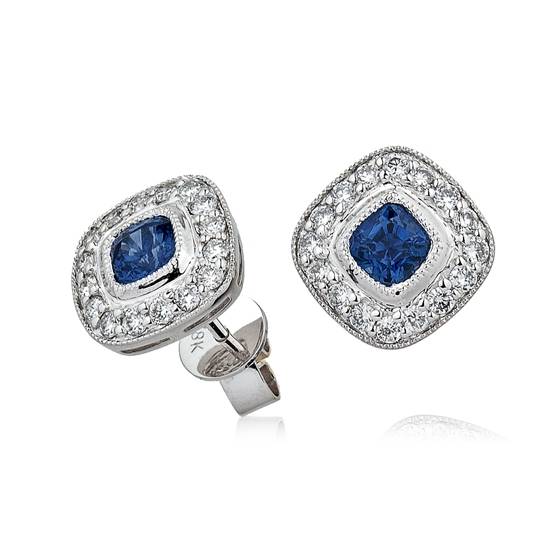 Cushion Blue Sapphire and Diamond Cluster Earrings