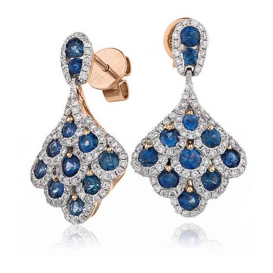 Round Blue Sapphire and Diamond Drop Earrings
