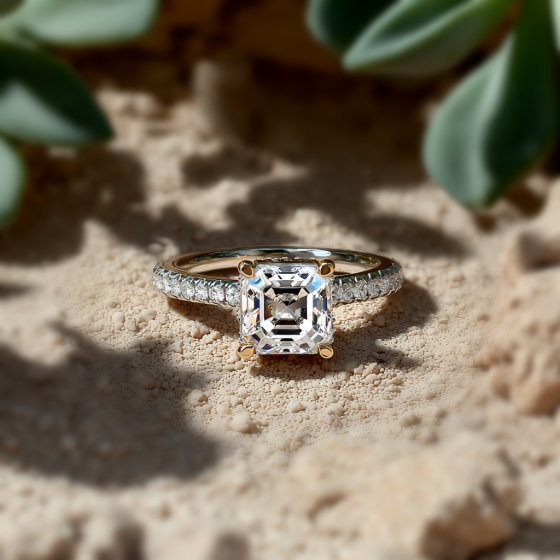 Asscher Diamond Hidden Halo Shoulder Set Ring