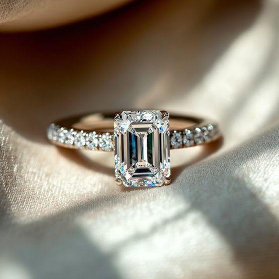 Emerald Diamond Hidden Halo Shoulder Set Ring