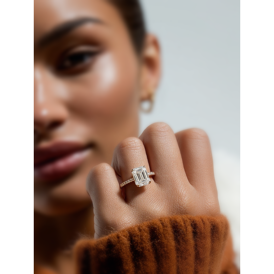 Emerald Diamond Hidden Halo Shoulder Set Ring