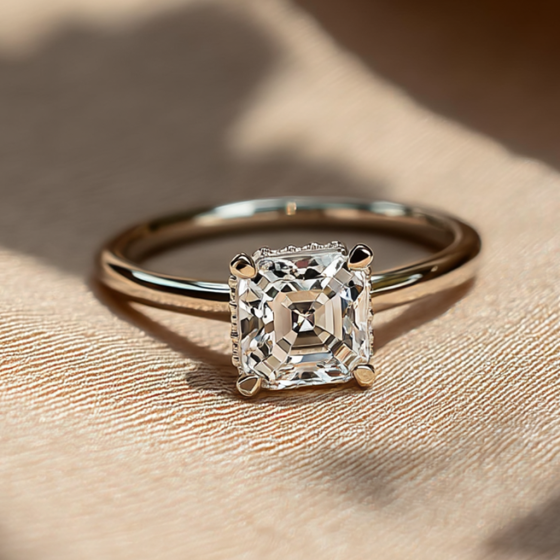 Asscher Diamond Low Set Hidden Halo Ring