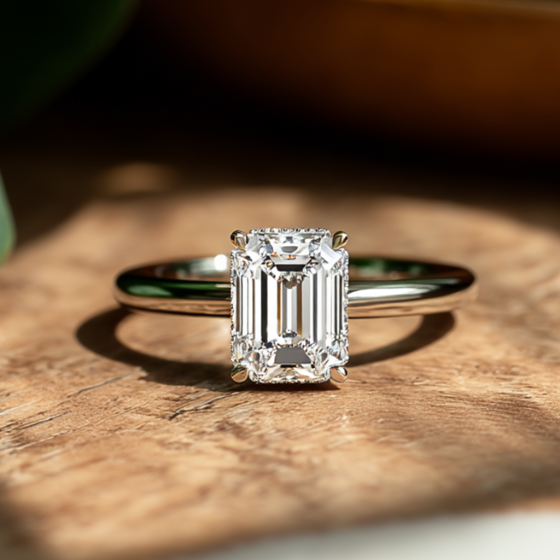 Emerald Diamond Low Set Hidden Halo Ring