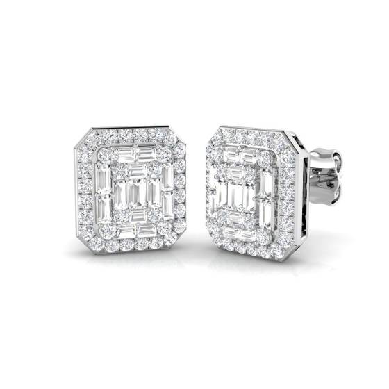 0.79ct SI2/G Baguette cut Natural Diamond Cluster Earrings in 9k White Gold