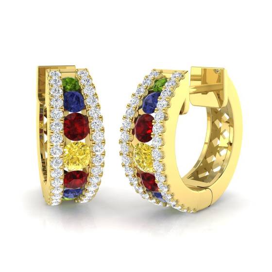 1.45ct SI2/G Round cut Multi Sapphire Gemstone Hoop Earrings in 9k Yellow Gold
