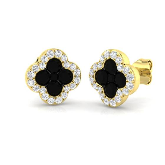 1.16ct SI2/G Round cut Natural Fancy Black Diamond Clover Earrings in 18k Yellow Gold