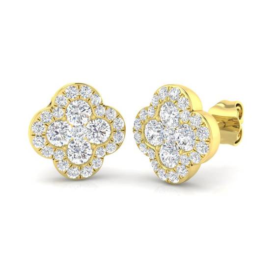 1.00ct SI2/G Round cut Natural Diamond Cluster Earrings in 18k Yellow Gold
