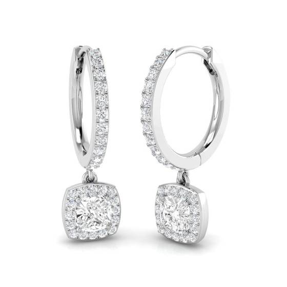 0.89ct SI2/G Cushion cut Natural Diamond Drop Earrings in 18k White Gold