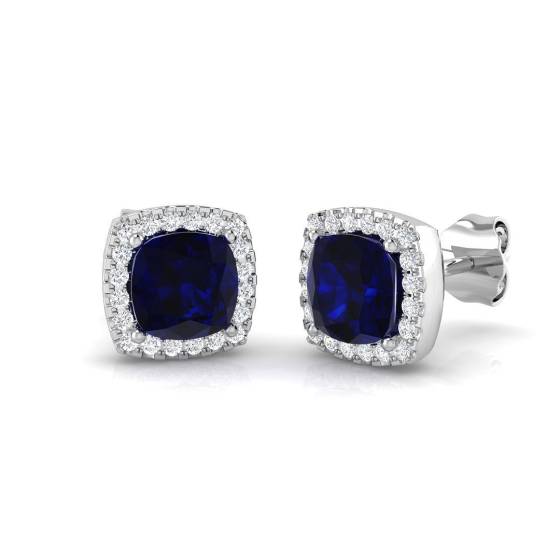 1.91ct SI2/G Cushion cut Blue Sapphire Gemstone Earrings in 18k White Gold