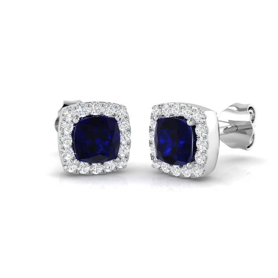 1.10ct SI2/G Cushion cut Blue Sapphire Gemstone Earrings in 18k White Gold