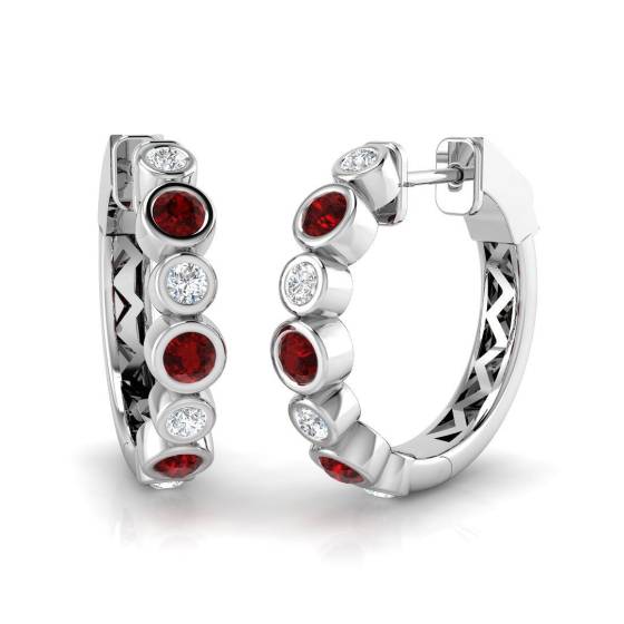 0.93ct SI2/G Round cut Ruby Gemstone Bezel Set Hoop Earrings in 18k White Gold