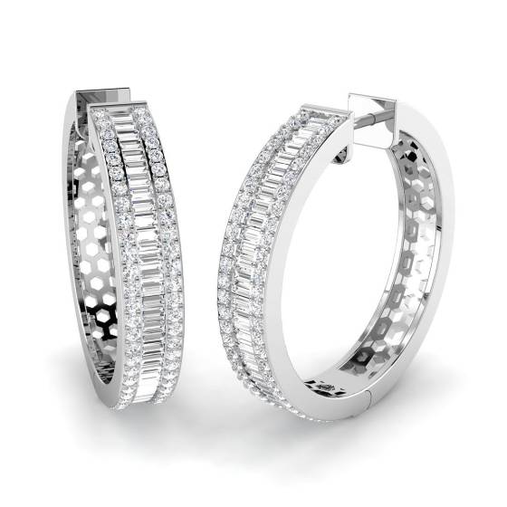 2.47ct SI2/G Baguette cut Natural Diamond Hoop Earrings in 18k White Gold