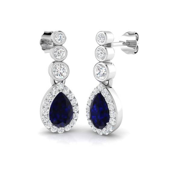 2.60ct SI2/G Pear cut Blue Sapphire Gemstone Earrings in 18k White Gold
