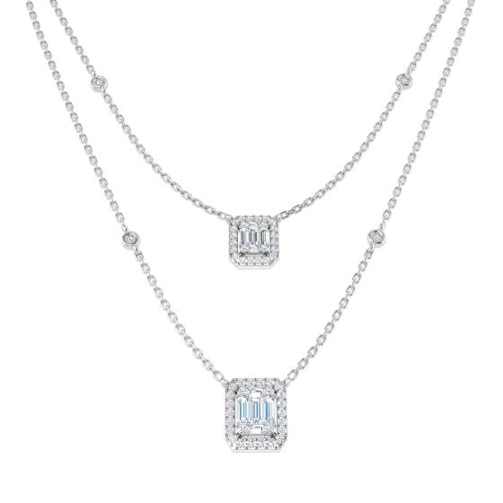 0.67ct SI2/G Baguette cut Natural Diamond Cluster Necklace in 18k White Gold