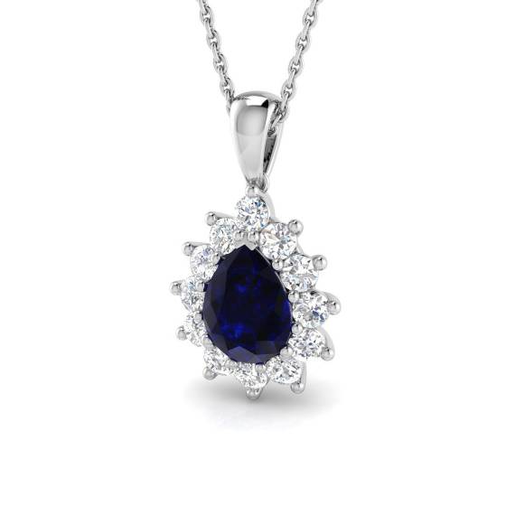 1.83ct SI2/G Pear cut Blue Sapphire Gemstone Pendant in 18k White Gold