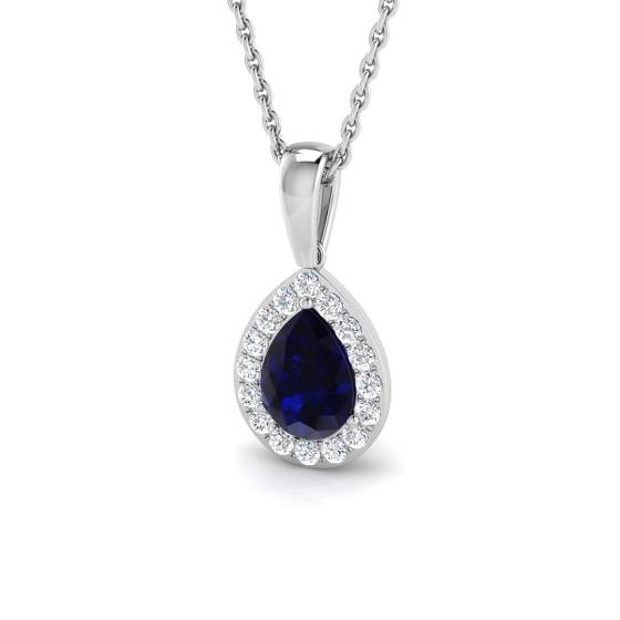 0.86ct SI2/G Pear cut Blue Sapphire Gemstone Pendant in 18k White Gold
