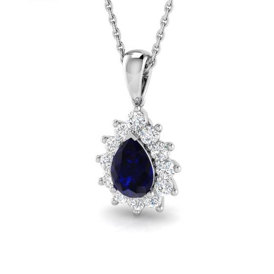 1.57ct SI2/G Pear cut Blue Sapphire Gemstone Pendant in 18k White Gold