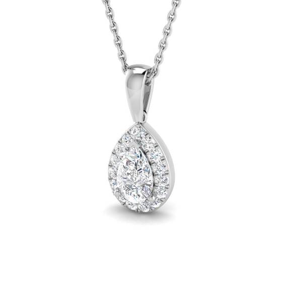 0.61ct SI2/G Pear cut Natural Diamonds Halo Pendant in 18k White Gold