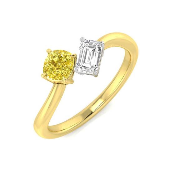 0.55ct SI2/G Cushion cut Yellow Diamond 2 Stone Ring in Yellow Gold