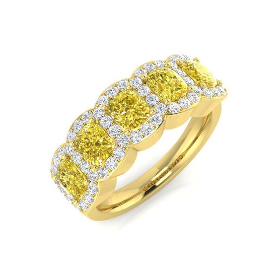 2.57ct SI2/G Cushion cut 5 Stone Yellow Diamond Ring in Yellow Gold
