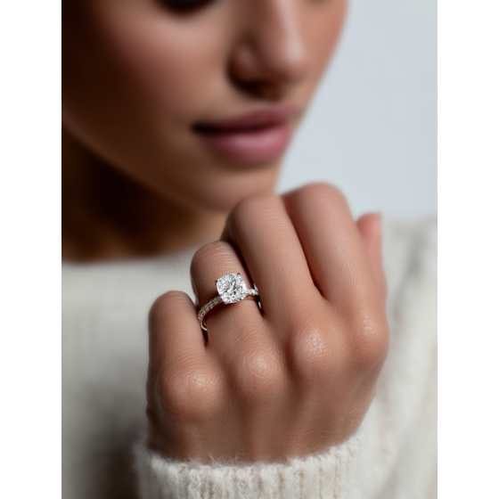 Cushion Diamond High Set Hidden Halo Shoulder Set Ring