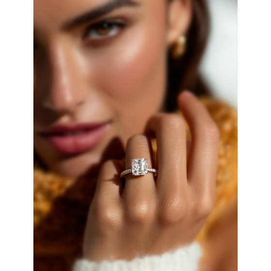 Asscher Diamond High Set Hidden Halo Shoulder Set Ring