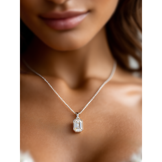 Emerald Diamond Bezel Set Solitaire Pendant