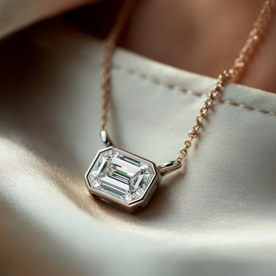 Emerald Diamond Bezel Set East To West Solitaire Pendant