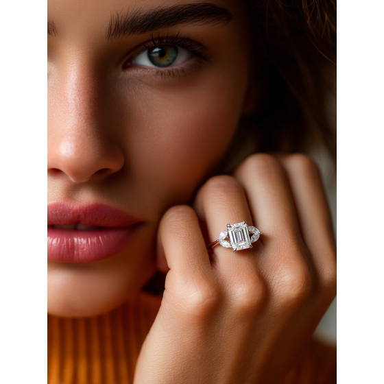 Emerald and Marquise Diamond 5 stone Ring