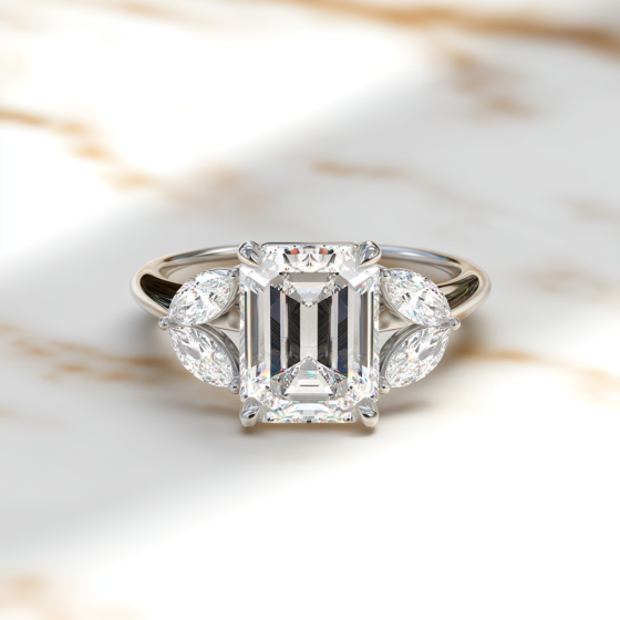 Emerald and Marquise Diamond 5 stone Ring