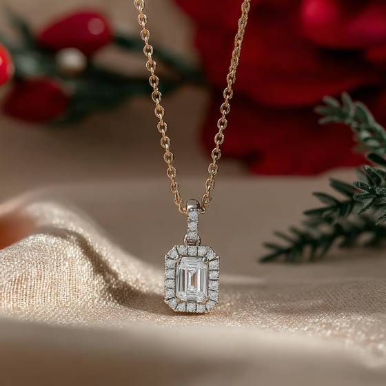 Emerald Diamond Single Halo Pendant