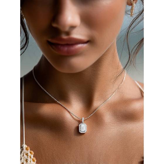 Emerald Diamond Single Halo Pendant