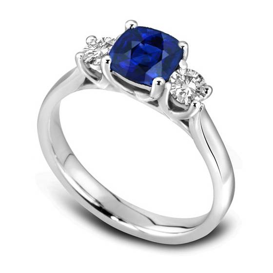 0.87 VS/E-F Modern Blue Cushion Sapphire Trilogy Ring