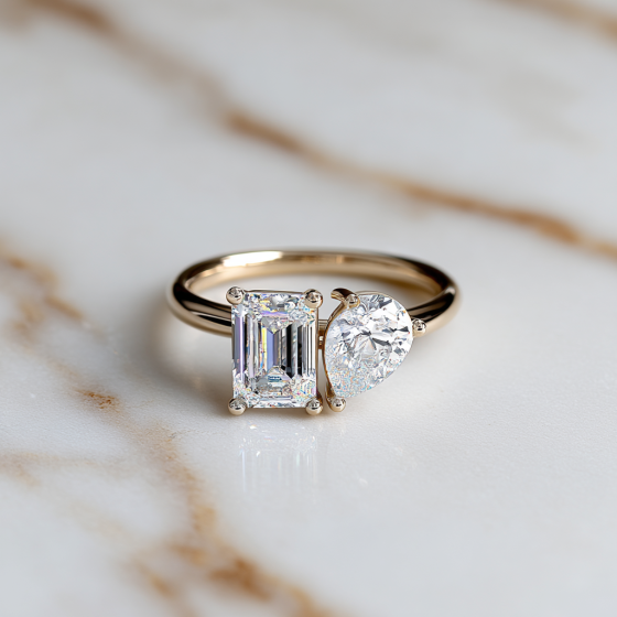 Emerald and Pear Toi Et Moi Designer Ring