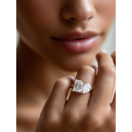 Emerald and Pear Toi Et Moi Designer Ring