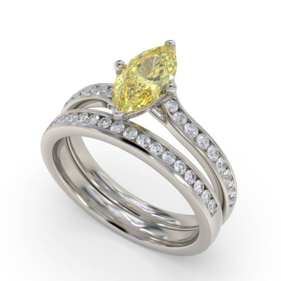 Fancy Yellow Marquise Diamond Single Halo Shoulder Set Ring