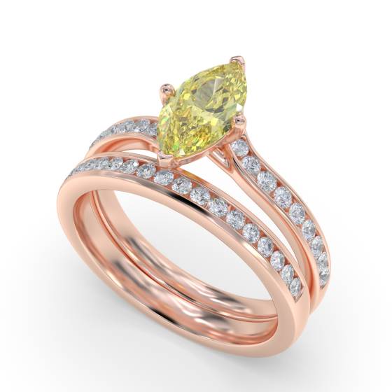 Fancy Yellow Marquise Diamond Single Halo Shoulder Set Ring