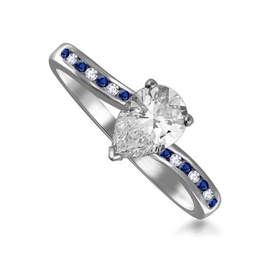 0.65ct VVS/F Pear cut Natural Diamond and Round Blue Sapphire Gemstone Shoulder Set Ring