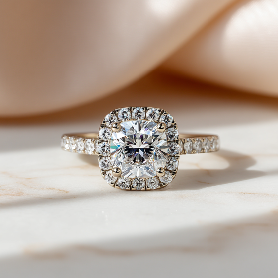 Single Halo Cushion Diamond Ring