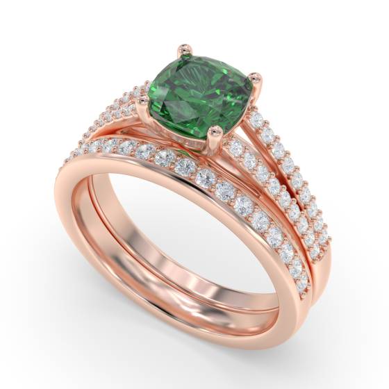 Fancy Emerald Green Cushion Diamond Shoulder Set Ring